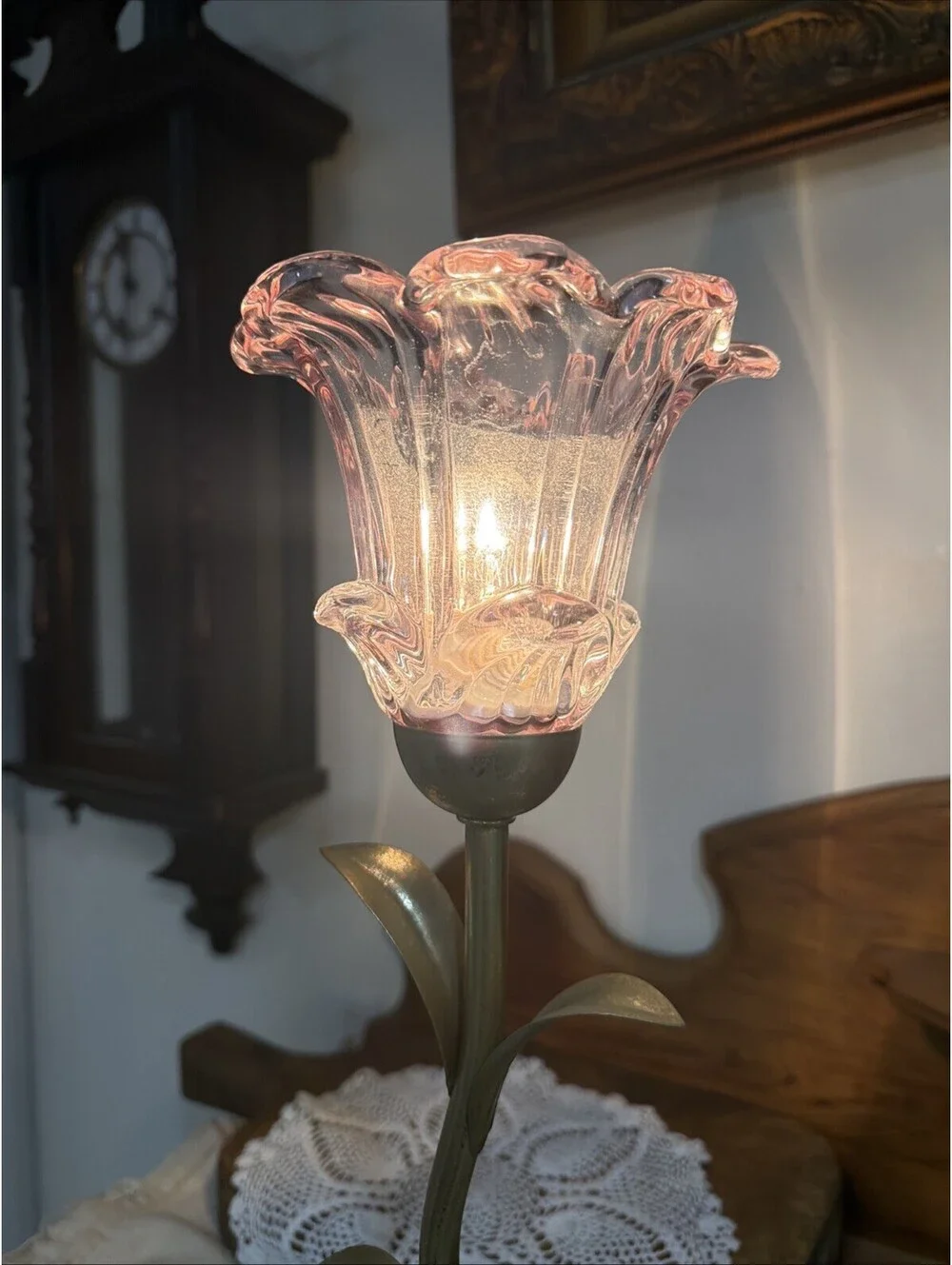 Karma Home Viral Gold Metal Pink Glass Retro Flower Fairy Lamp Tabletop Cottage